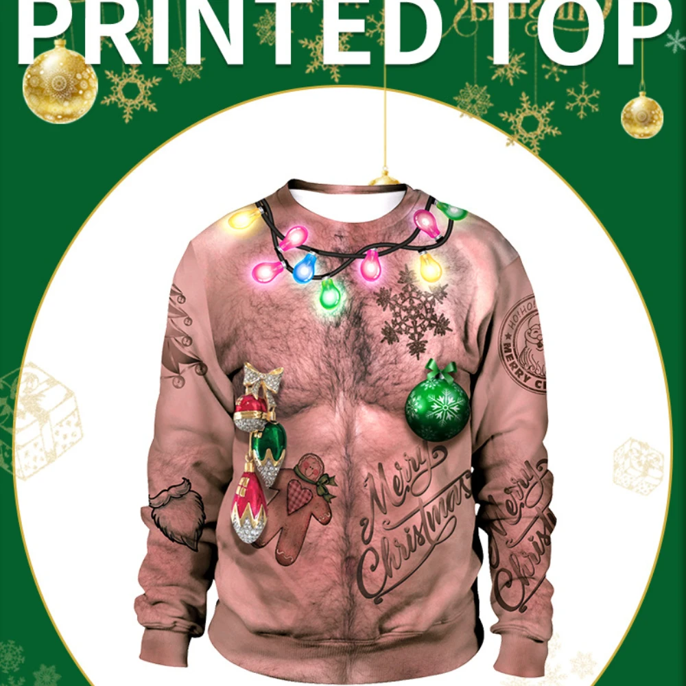

2021 Festival Hot Selling Sexy Navel Hair 3D Digital Printing Round Neck Christmas Couple Sweater Casual Polyester Pullovers