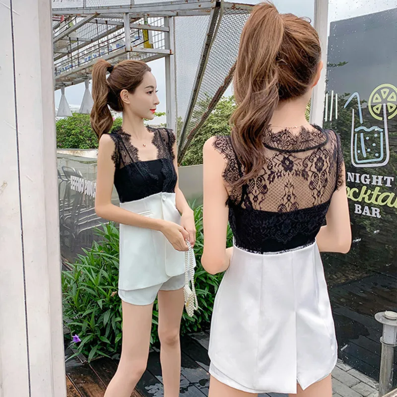 Костюм женский кружевной с V-образным вырезом пикантный Топ без рукавов шорты