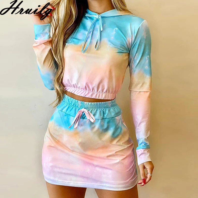 

Skirt and Top Set Long Sleeve Hooded Sweatshirt Elastic Waist Short Skirts Two Piece Outfits Autumn Spring Casual Knitted Suit