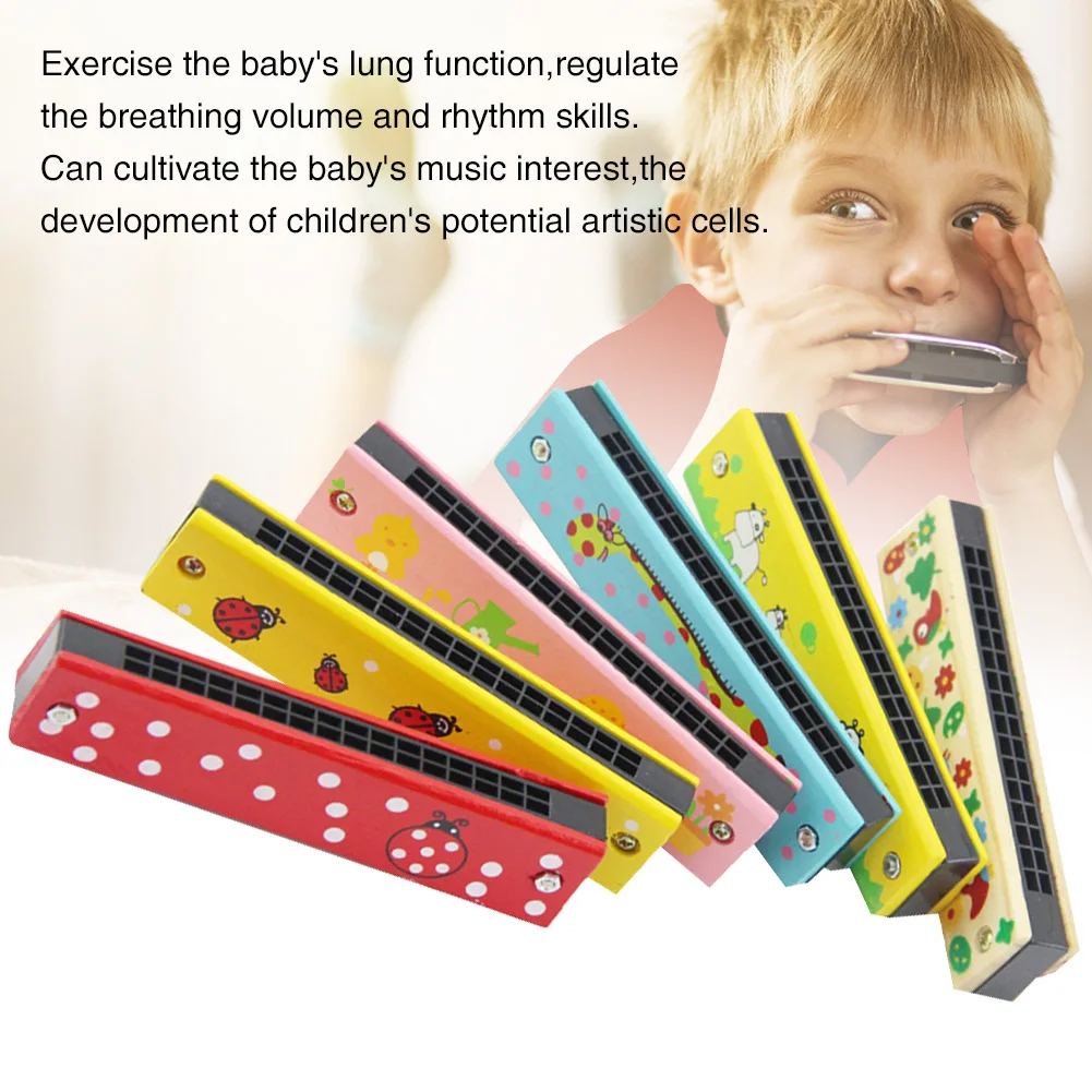 

16 Holes Musical Instruments Portable Children Enlightenment For Baby Mini Beginner Early Education Cartoon Wooden Harmonica