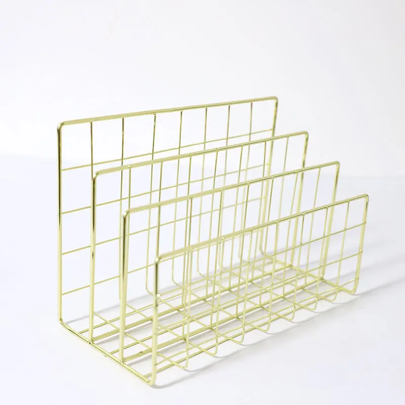 

2021 New Fashion Simple Creative Metal Three Grid Rose Gold Bookshelf Desktop Magazine Article Office Book Holder Storage Tool