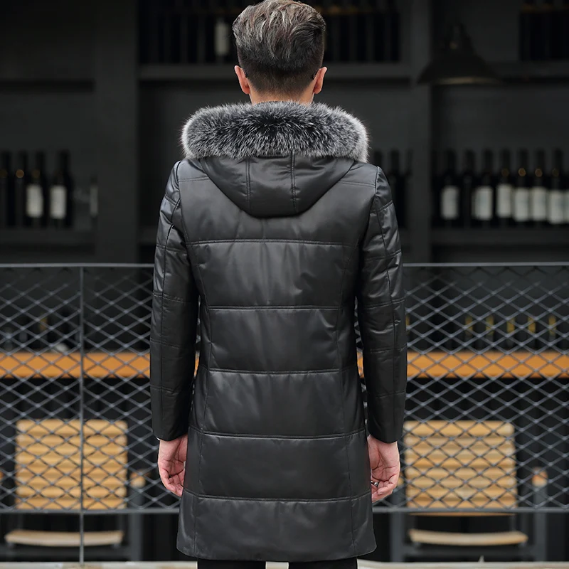 Мужская куртка из натуральной кожи зимняя с капюшоном овчины меховой воротник