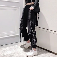 cotton cargo pants womens sweatpants baggy chain overalls loose bf straight high waist casual pants black ankle banded pants