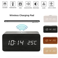 modern wooden digital led backlit alarm clock thermometer qi wireless charger multiple colors optional