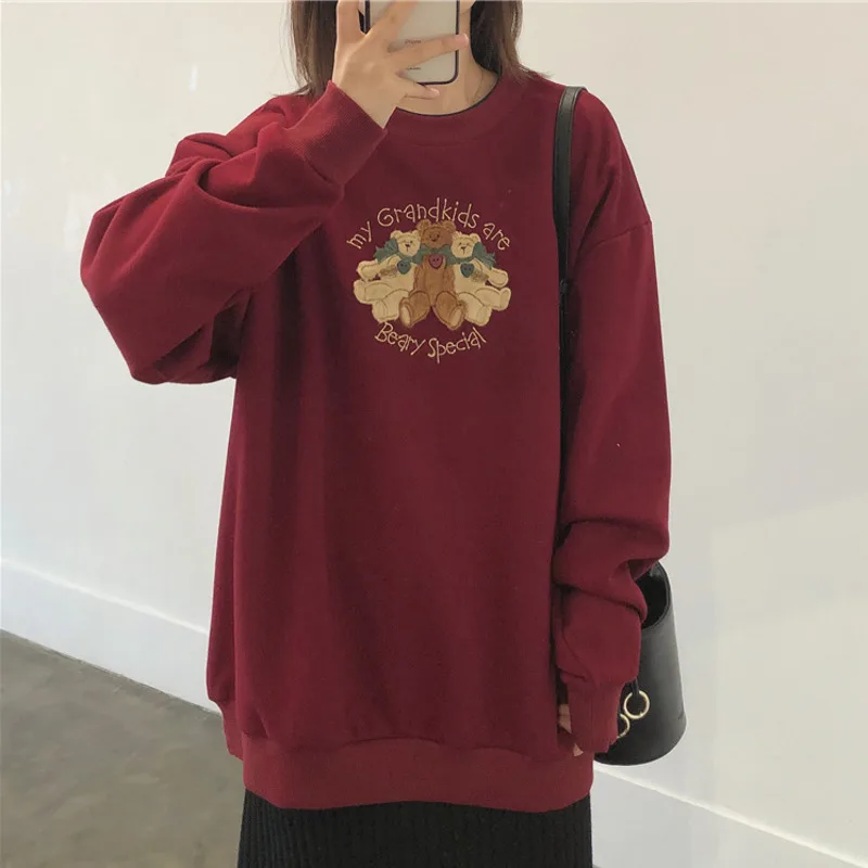 2021 New Autumn And Winter Women's Stitching Bear Embroidery Printed Sweatshirt Loose Casual Pullover Wn*