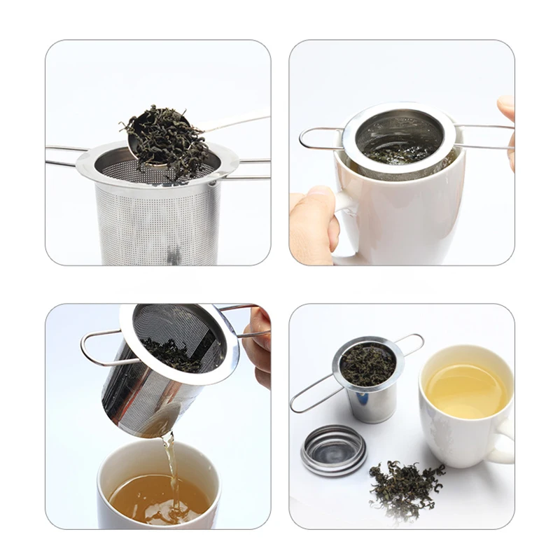 

Folding handle tea strainer 304 stainless steel tea drainer double ears with lid tea brewer bathroom tools accessories