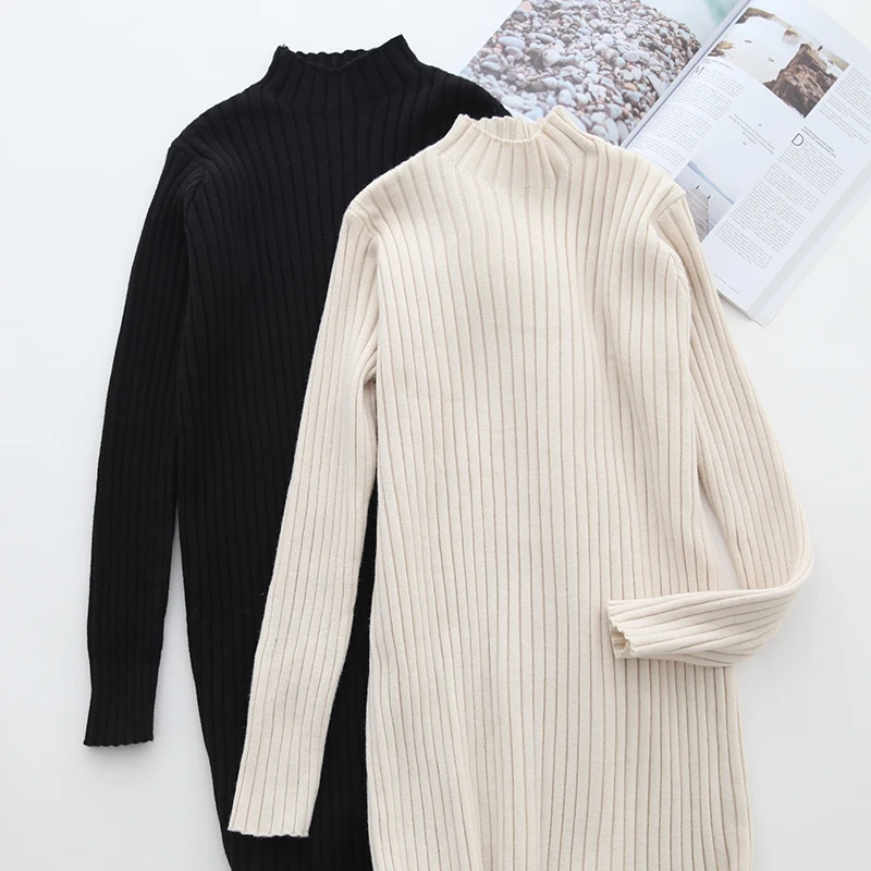 

Women Autumn Winter Knitted Sweater Dress Vestido Long Sleeve Solid Turtleneck Dresses Korean Office Warm Elegant Pencil Vestido