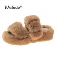 winter women fur slippers platform wedge heel indoor non slip rubber sole slides buckle decoration fashion girl shoes ladies