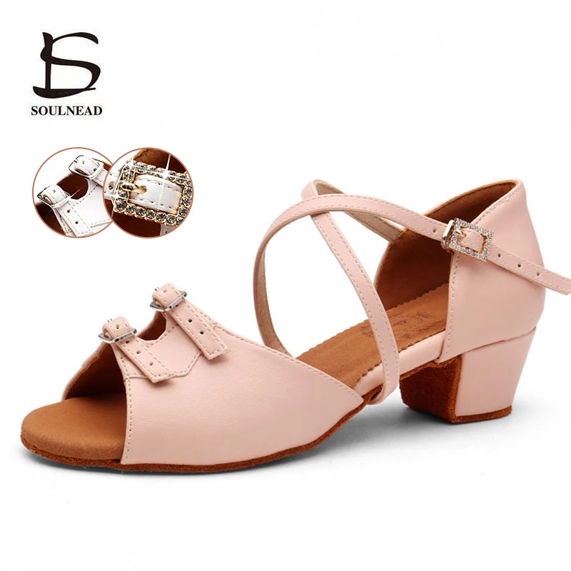 Girls Salsa Dance Shoes Women Kid Ballroom Latin Dance Shoes White Pink Heel 3.5cm Soft Sole Children Modern Tango Dancing Shoe