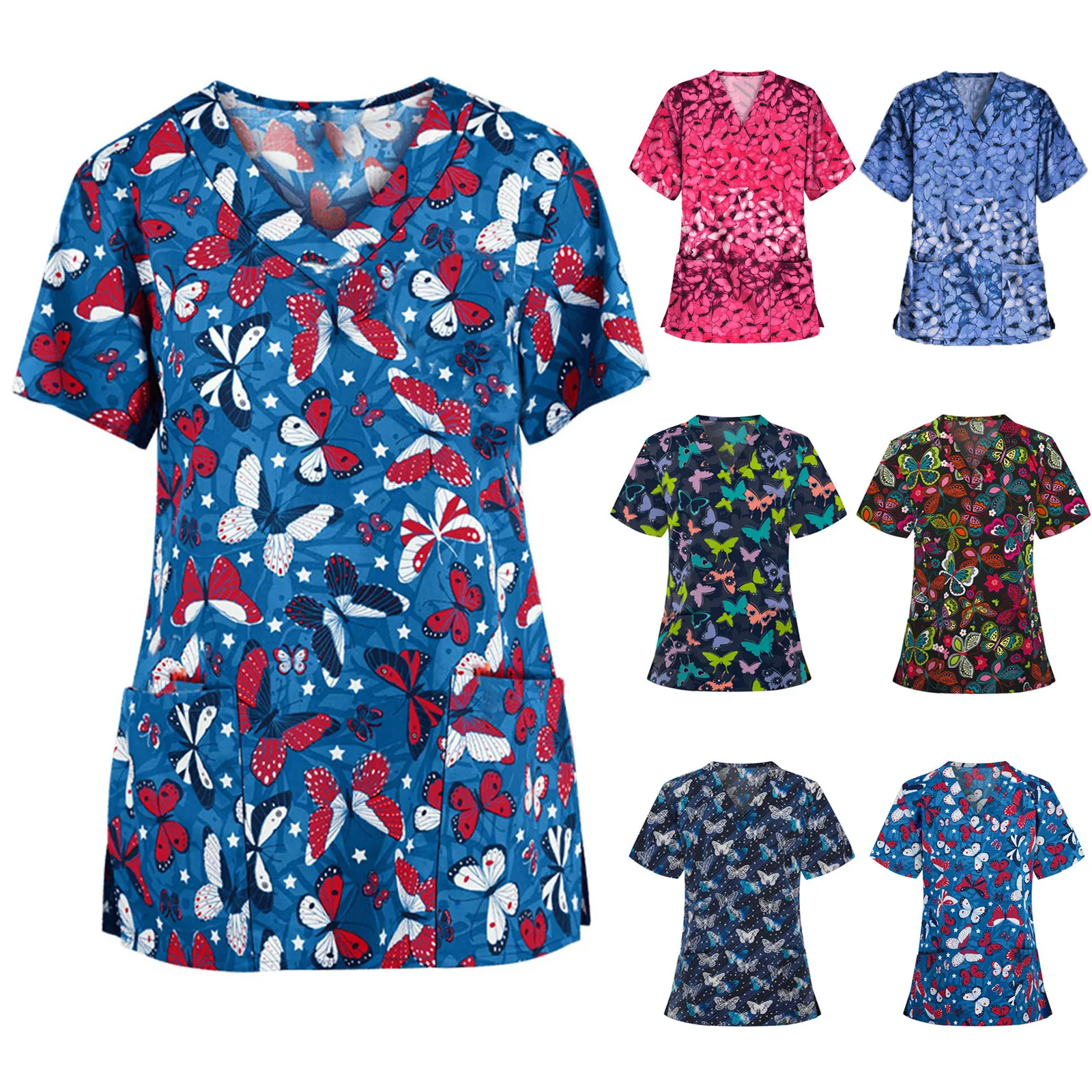 

Clinical Uniforms Woman Summer Working Nurse Blouse Short Sleeve V-neck Medicine Uniforms Tops Butterfly Printed Nursing Clothes