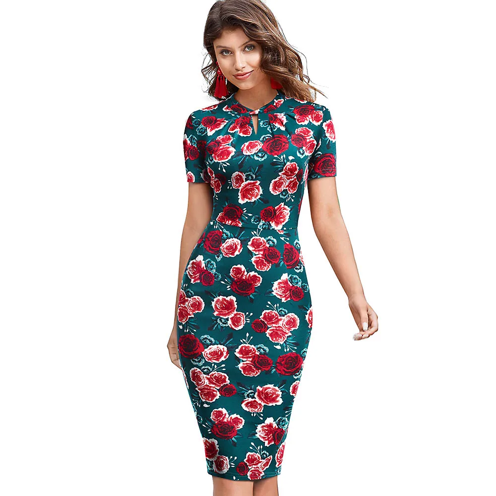 Green and Floral Элегантная винтажная одежда с цветочным принтом, деловые вечерние платья бодикон карандаш, женское летнее платье B534 - Цвет: Green and Floral