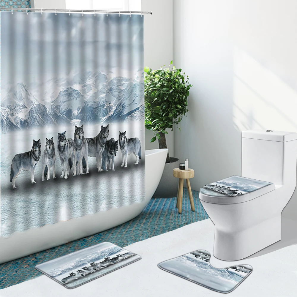 Занавески для душа с изображением леса животных волка растений цветов снега гор