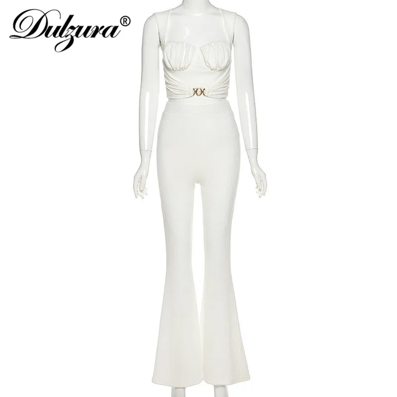 

Dulzura Knitted Buttons Women Two Piece Set Crop Top Tanks High Waist Flare Pants Bell Bodycon Sexy Party Elegant Matching Club