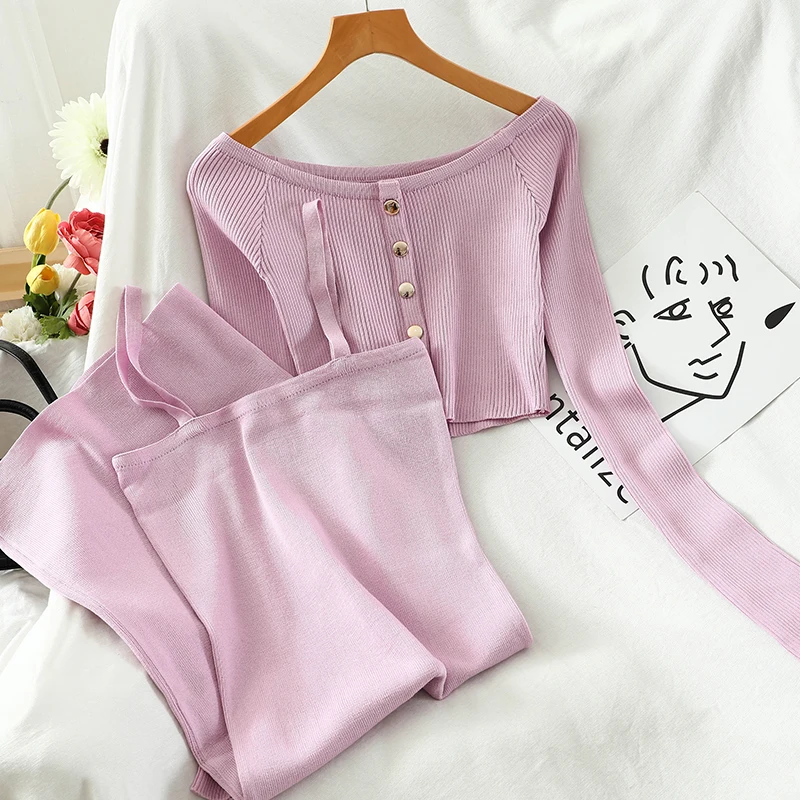 

2022 New Fashion Women's Sets Simple Camisole Knit Dress Short Single Breasted Strapless Knitted Sweater Female Two-piece Suit