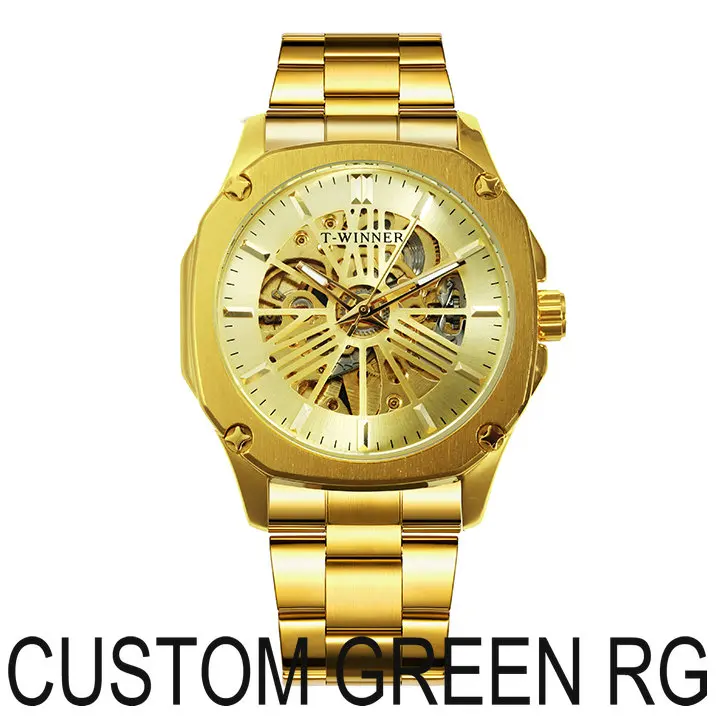 CUSTOM GREEN RG WINNER официальный розовое золото автоматические механические мужские часы лучший бренд класса люкс Скелет квадратный циферблат Винтаж Бизнес наручные часы - Цвет: CUSTOM GREEN RG
