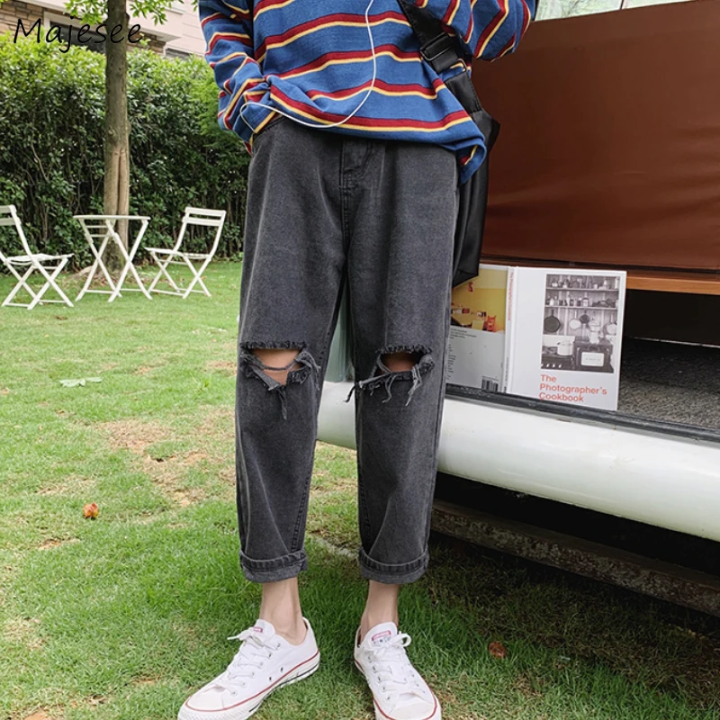 

Джинсы мужские летние прямые длиной до щиколотки, на молнии, в Корейском стиле, уличная модная универсальная шикарная ретро-одежда для подр...