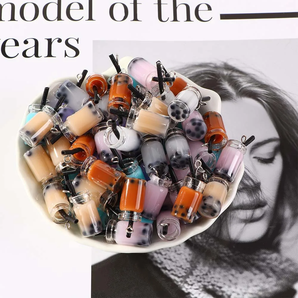 Подвески из смолы с жемчугом и молочным чаем 28*10 мм подвеска в виде бутылки для