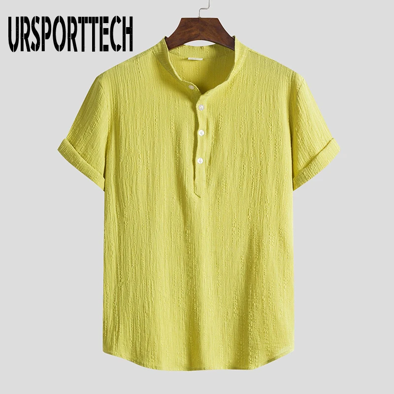 

URSPORTTECH 2021 Summer Men Shirt Short Sleeve Cotton Linen Loose Casual Solid Tops Harajuku Brand Blouse Plus Size Beach Shirt