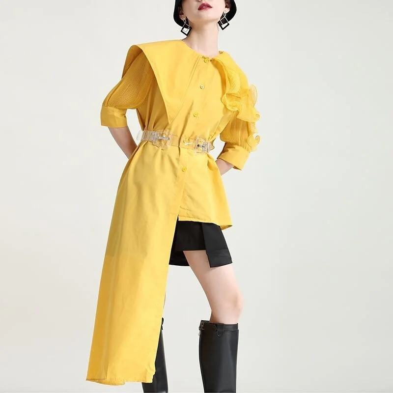 

Solid Color Design Irregular Bubble Sleeve Dress 2021 Summer Stitching Lotus Waist Asymmetric Dresses For Women