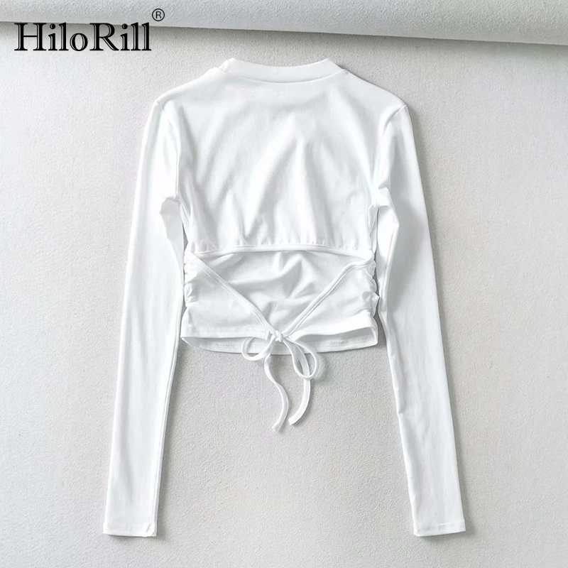

HiloRill Solid Women Fashion O-neck Basic Crop Top T Shirt Back Bow Tie Hollow Out Streetwear Tops Female Long Sleeve Tee Shirt
