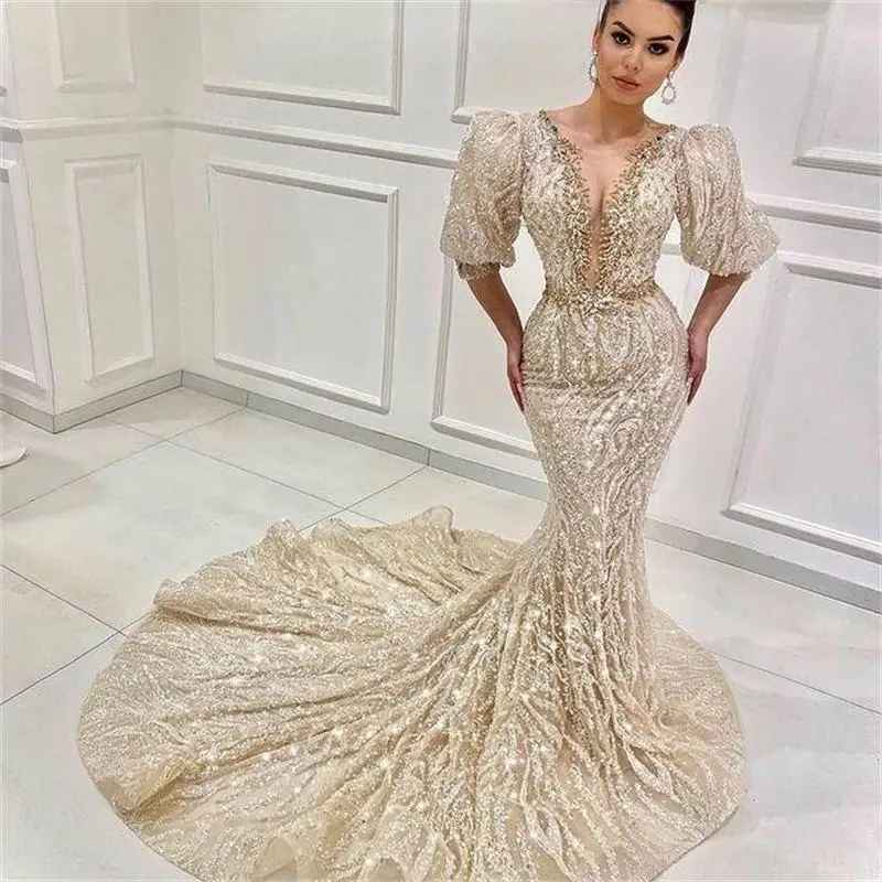 

Glitter Champagne Mermaid Evening Dresses Sheer Jewel Neck Sequined Beaded Special Occasion Prom Gowns 2021 Plus Size