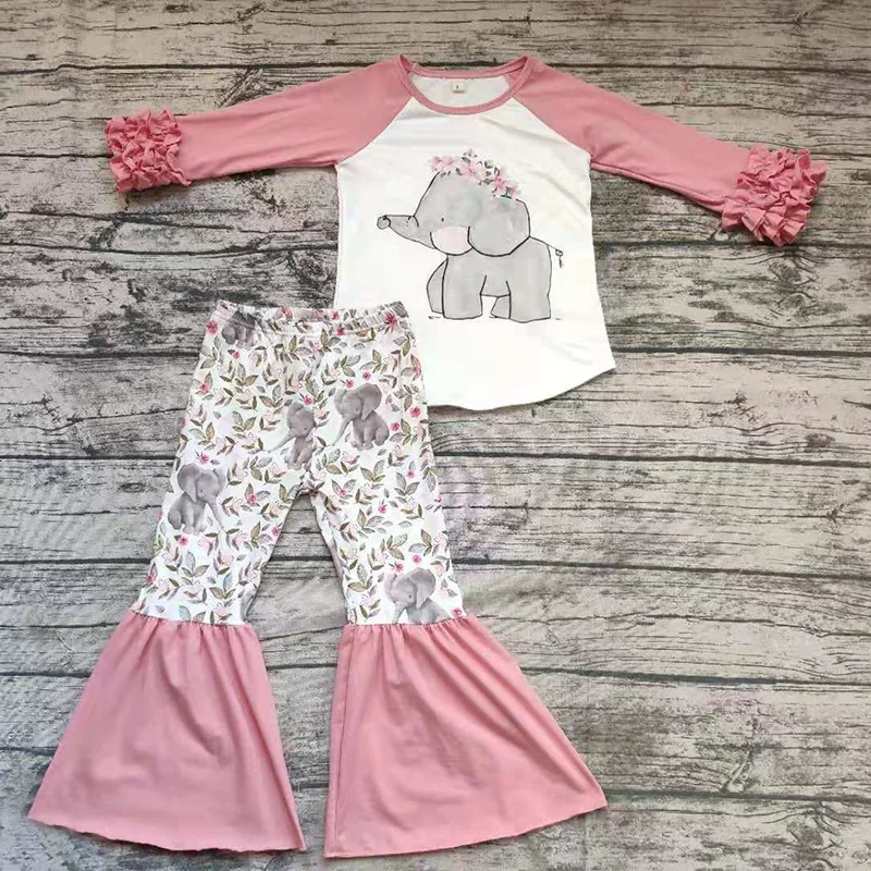 Baby Girl Ruffle Pink Elephant Tshirts & Trousers Baby Clothing Outfits Newborn Toddler Kids Boutique Clothes sets
