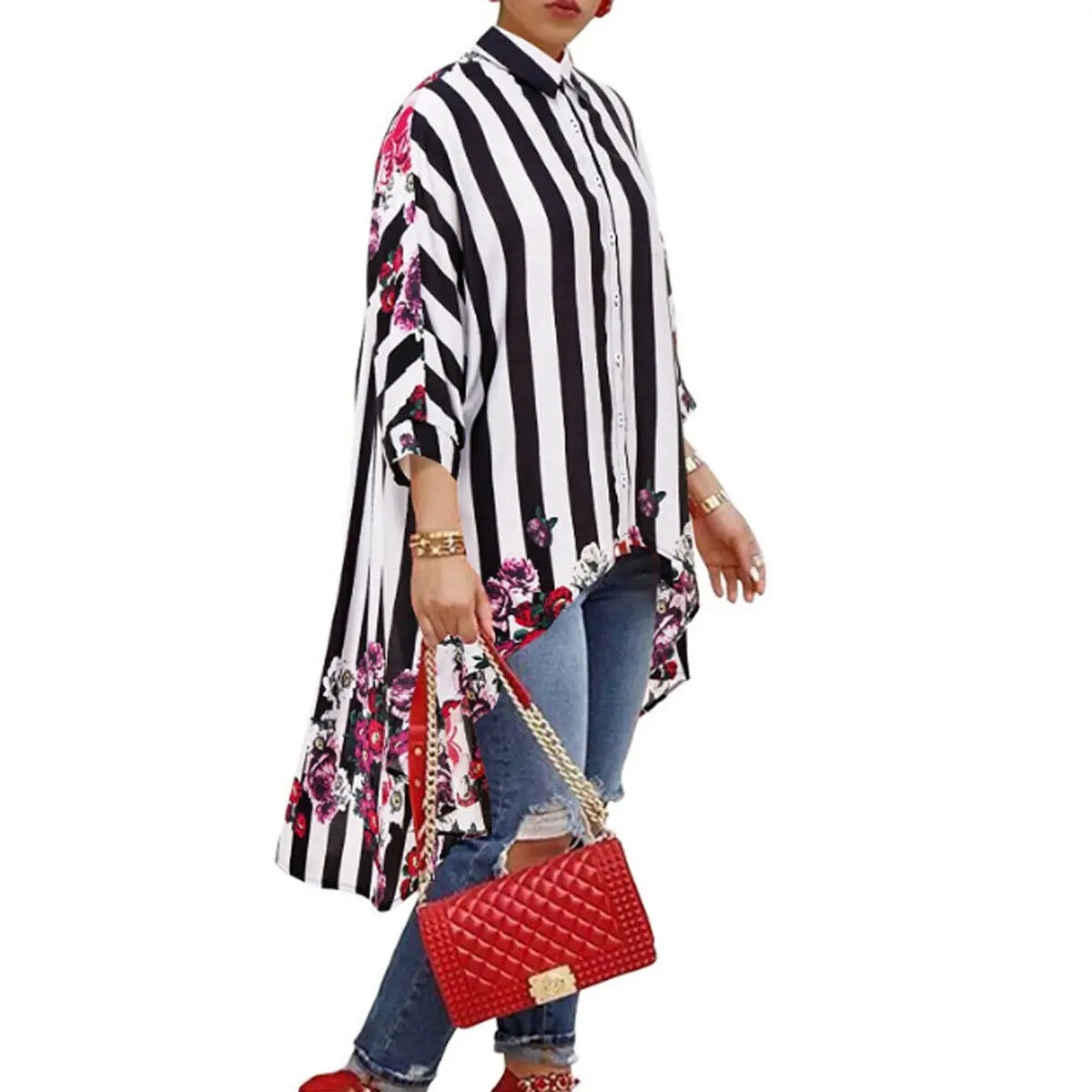 

Womens Shirt Autumn Half Sleeve Striped Long Blouse Sweatshirt Tops Fashion Lady Casual Jumper Shirt