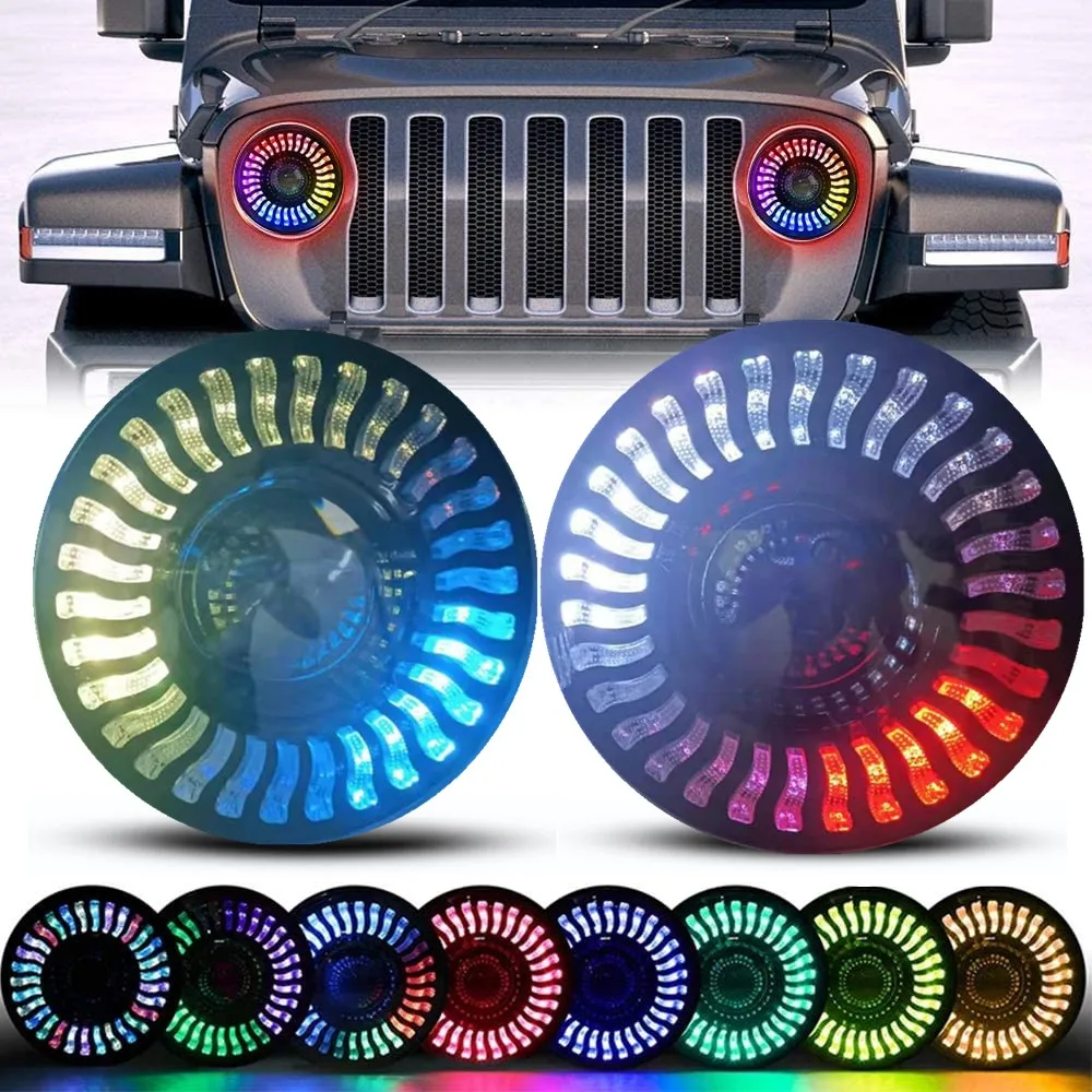 Car Accessories RGB 7Inch Led Headlight For Jeep Wrangler JK TJ 07-18 Bluetooth App Control For Lada Niva 4X4 Hummer H1 H2