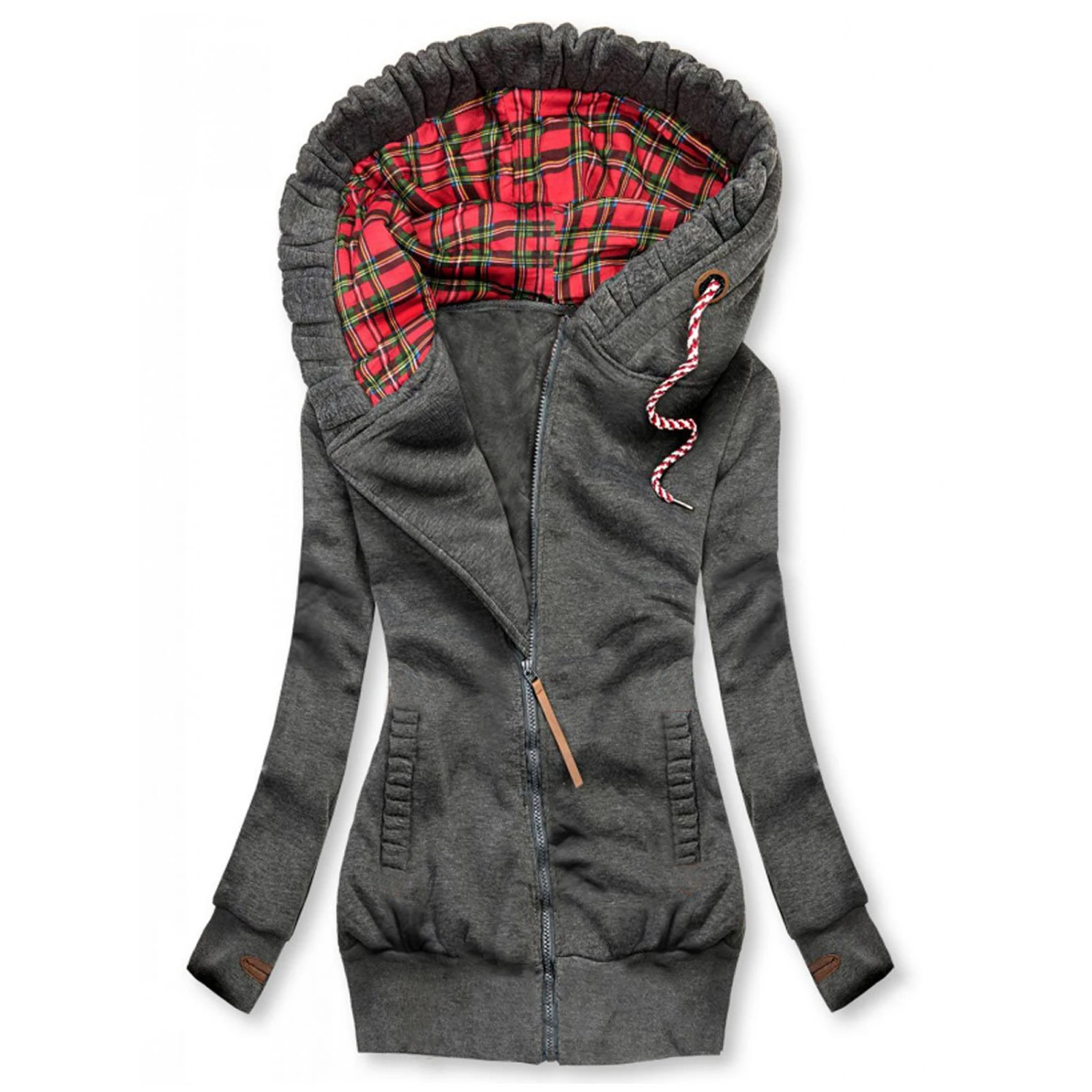 

2020 Women Autumn Winter Plaid Patchwork Hood Zip Coat Drawstring Pockets Jacket Long Sleeve Outerwear Fenale Casual Streetwear