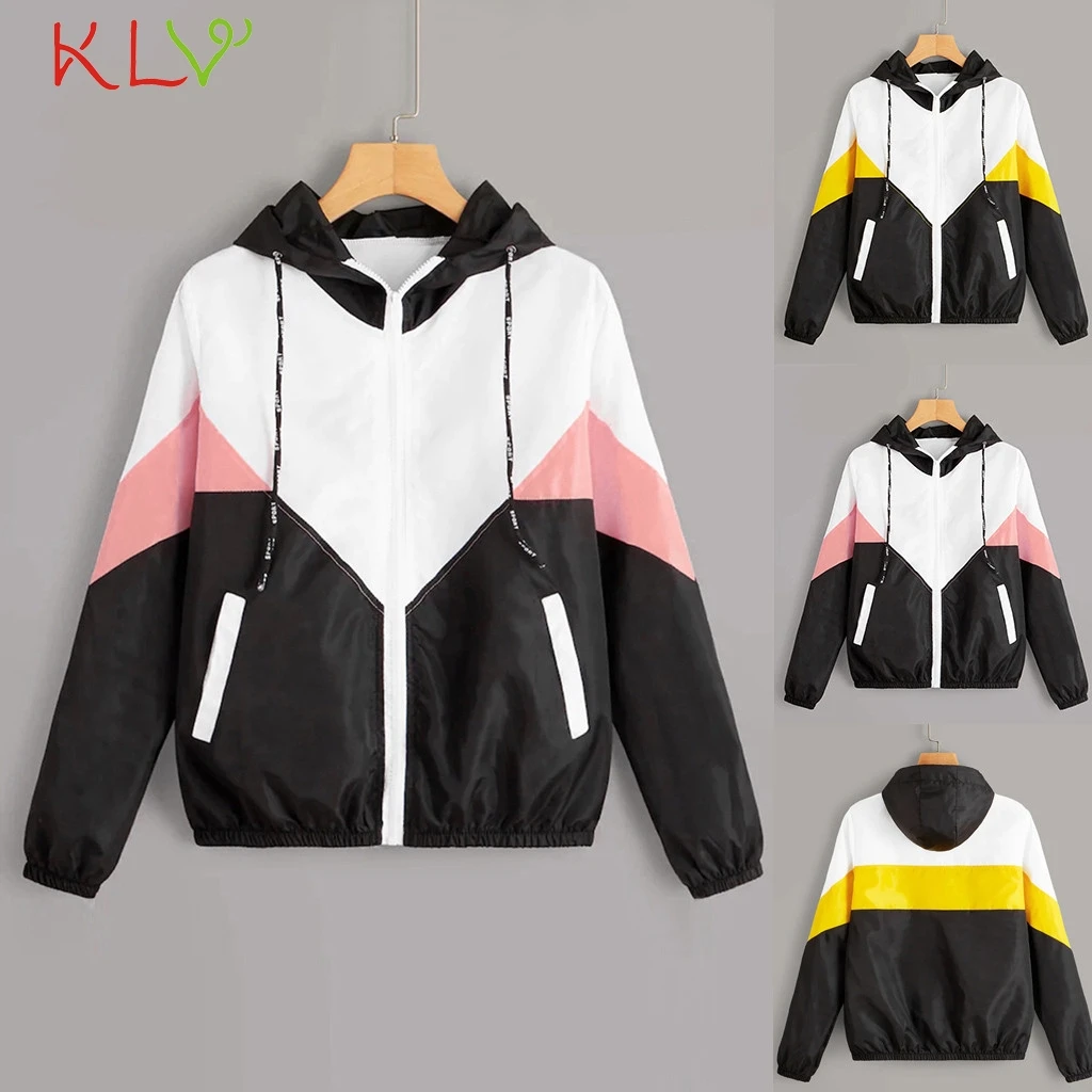 

Women Jacket Hooded Color Block Long Sleeve Patchwork Autumn Winter Women Jackets Plus Size Zipper Female Coat Soprtsuit 19Aug