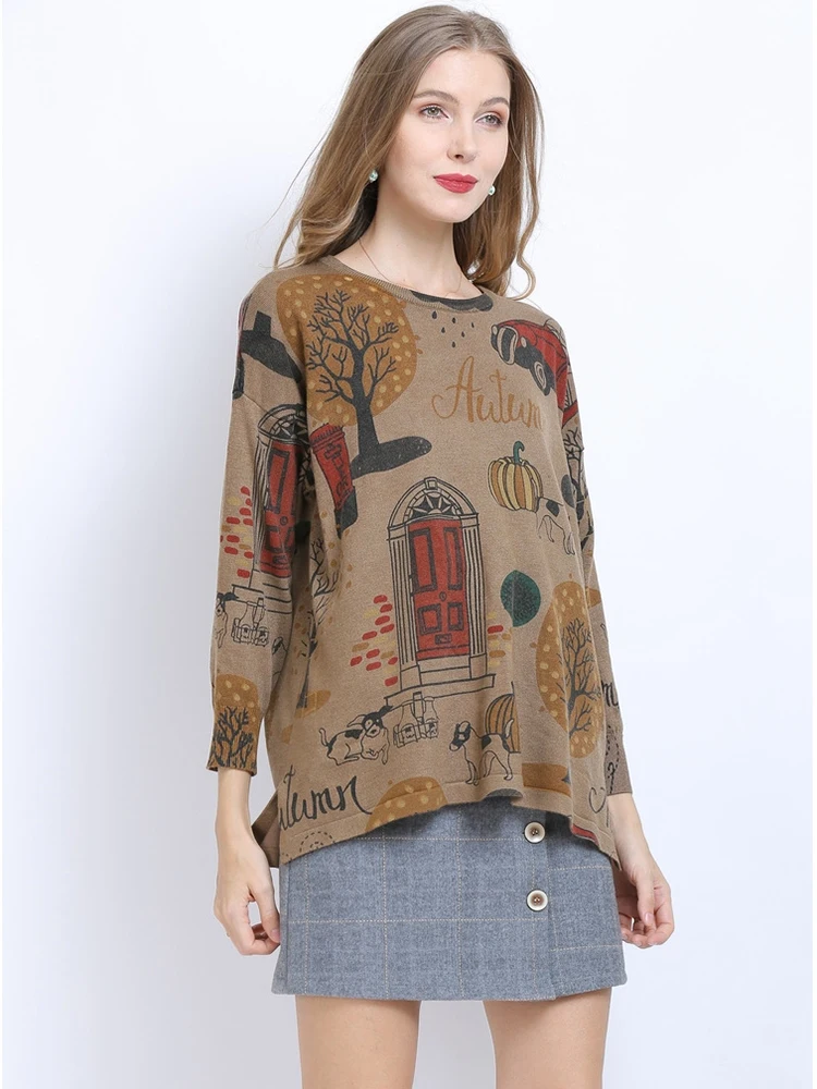 

Autumn Woman Sweaters O-neck Loose Print Knit Sweater Womens Winter Sweaters Long Sleeve Pullover Vintage Sweater Sueter Mujer