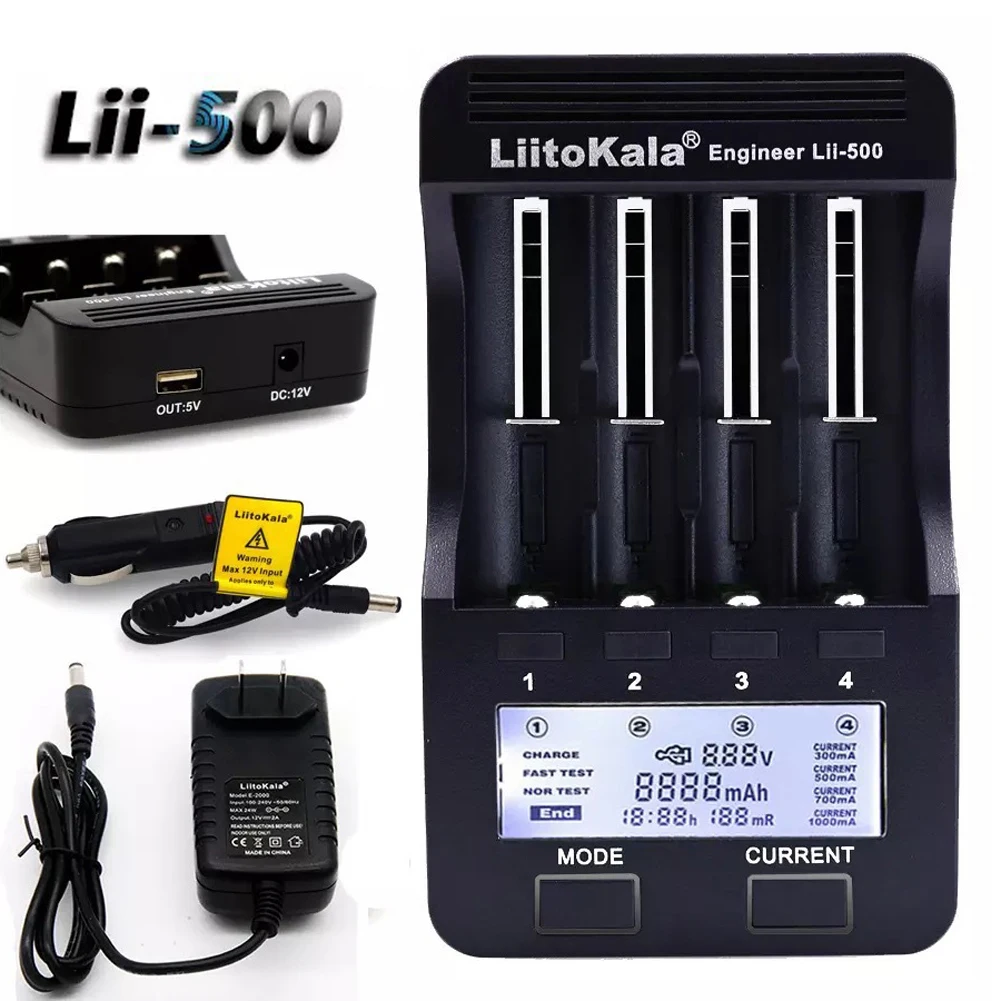 Liitokala-cargador rápido de batería Lii-500, dispositivo para 18650, 26650, 14500, AA, AAA, 4 canales, medición de la capacidad de la batería