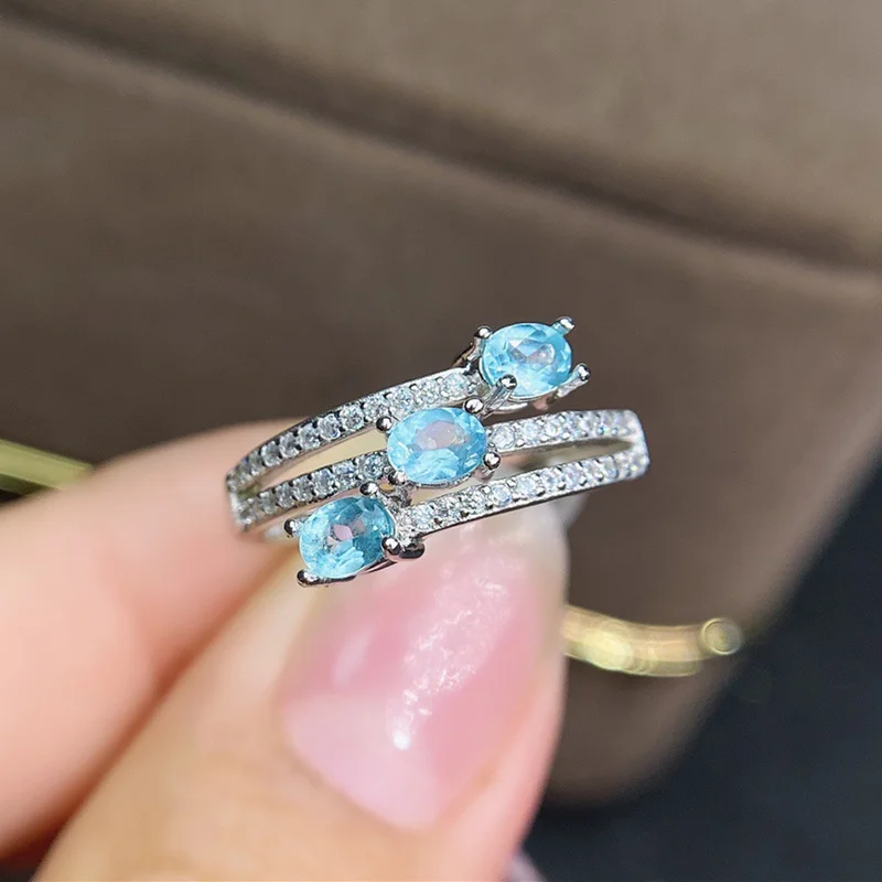 

MDINA Natural Apatite Ring for Women Anniversary Gift 3*4MM 3 Pieces Genuine Blue Gemstones Fine Jewelry 925 Sterling Silver