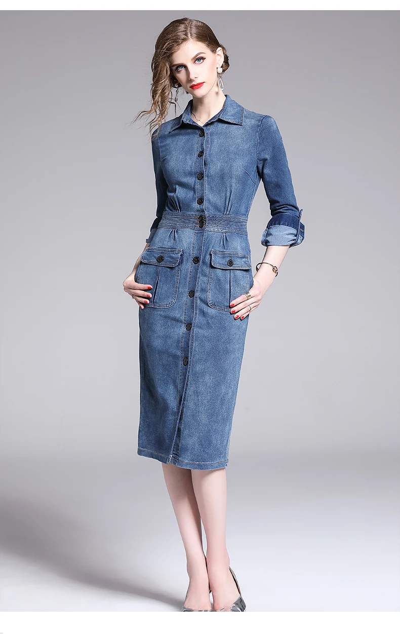 

Autumn and winter new fashion women's dress England lapel long-sleeved single-breasted pleated step dress denim dress Europe and