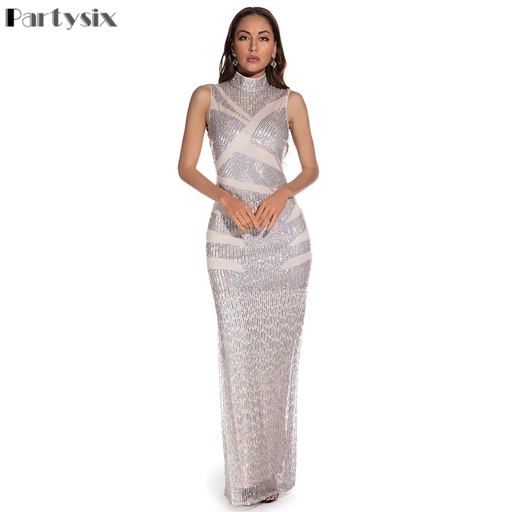

Sexy Green Women High Neck Sequin Long Dresses Female Sequined Floor Length Maxi Dress Formal Party Elegant Evening Vestidos
