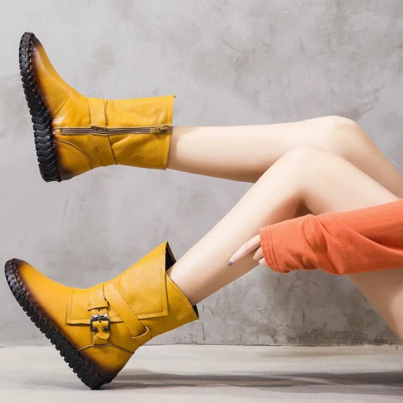 

TIMETANG Winter New Style Side Zipper Handmade Leather Boots large Size flat Women's Shoes Long Boots Women's Boots Martin Boots