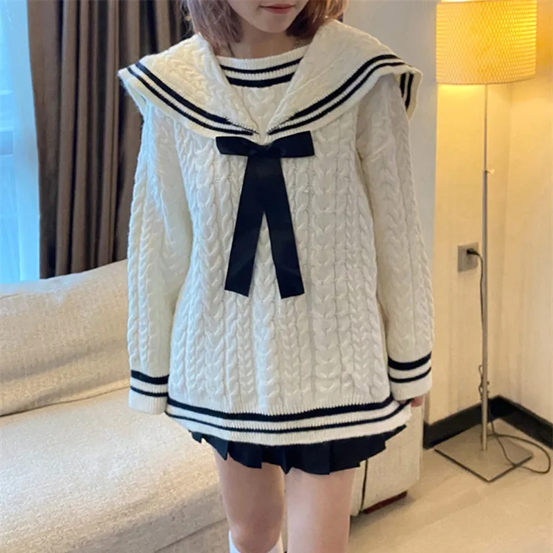 

Korean Style Retro Loose Solid Pullover Sweater Sailor Collar Sweater Women Oversized Long-sleeves Pullover