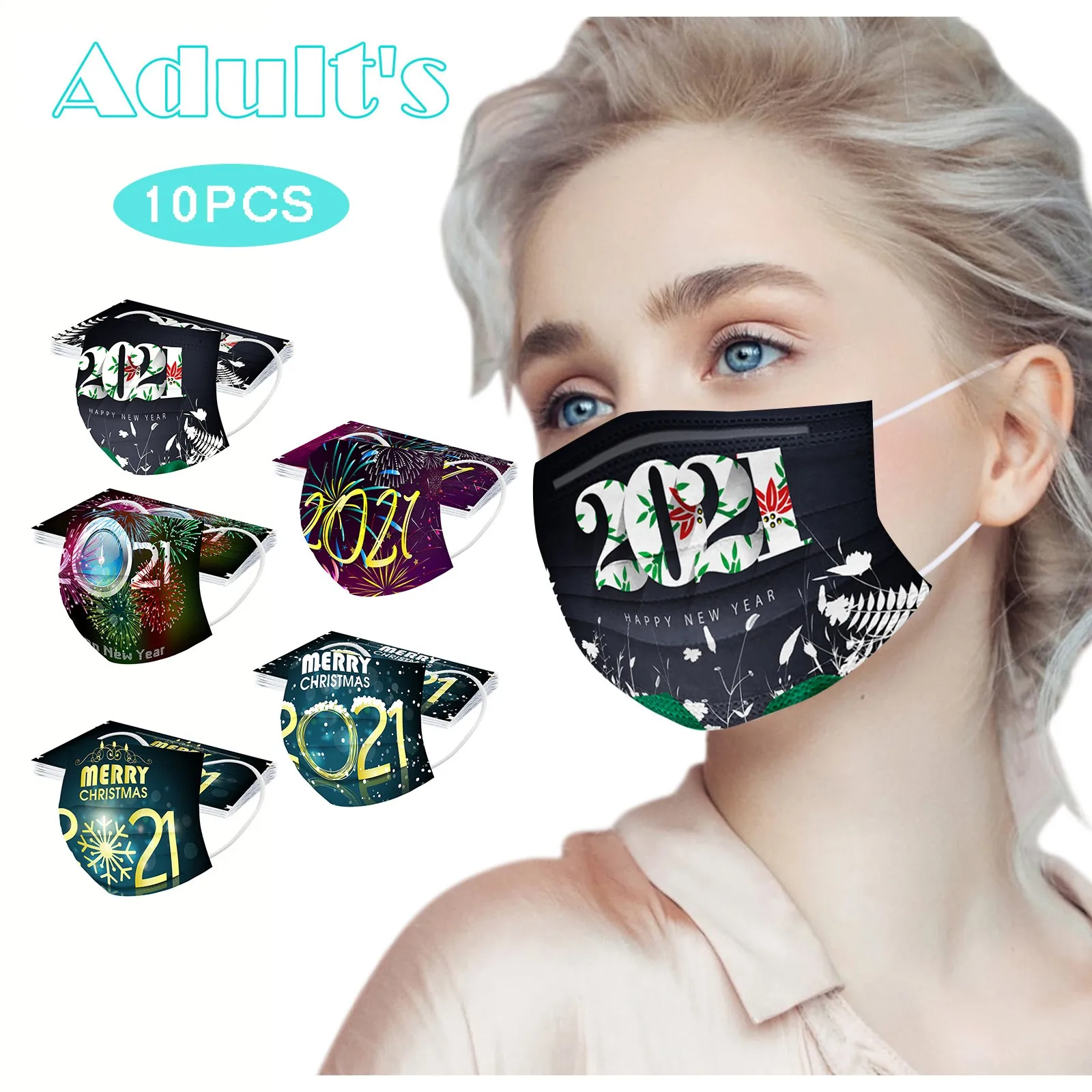 

2021 Happy New Year Disposable Protective Masks Adult Face Mask Reusable Mouth Mask Pm2.5 Respirator Mascarillas Mouth Cap Print