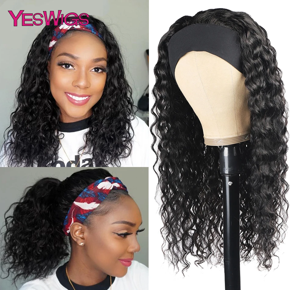 

Парик с головной повязкой человеческие волосы, безклеевая повязка на голову, женский парик из человеческих волос с водной волной, с кудряво...