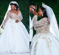 plus size african wedding dresses 2022 luxury beaded lace long sleeve princess church garden bridal dress robe mariage