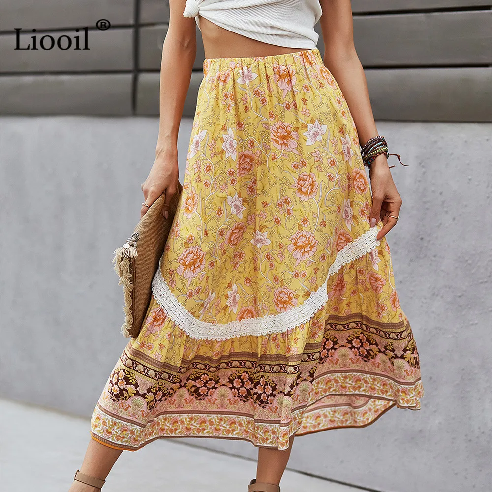 

Liooil Summer Boho Beach Skirt Floral Print Long Skirts For Women Bohemian Casual Vacation A Line Maxi High Waist Skirt 2021