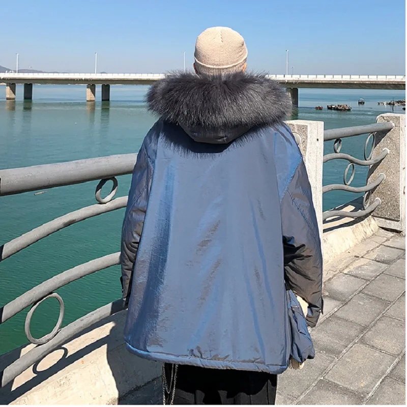 Cartoon Padded Jacket Plus Velvet Padded Fur Collar Hooded Padded Jacket Male Ins Tide Brand Loose Student Winter Jacket