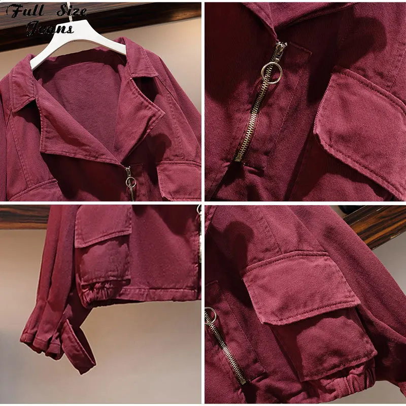Plus Size Turn-down Collar Cropped Diagonal Zipper Punk Jeans Jackets 4XL 5XL Slim Wine Red Denim Bomber Coat Outwear |