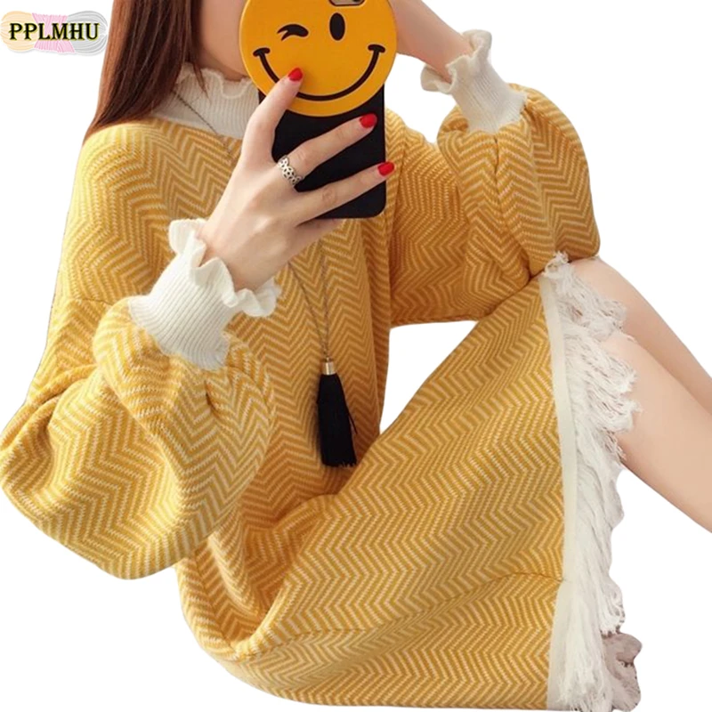 Женское трикотажное платье свитер с рукавами фонариками и рюшами|Женские платья|