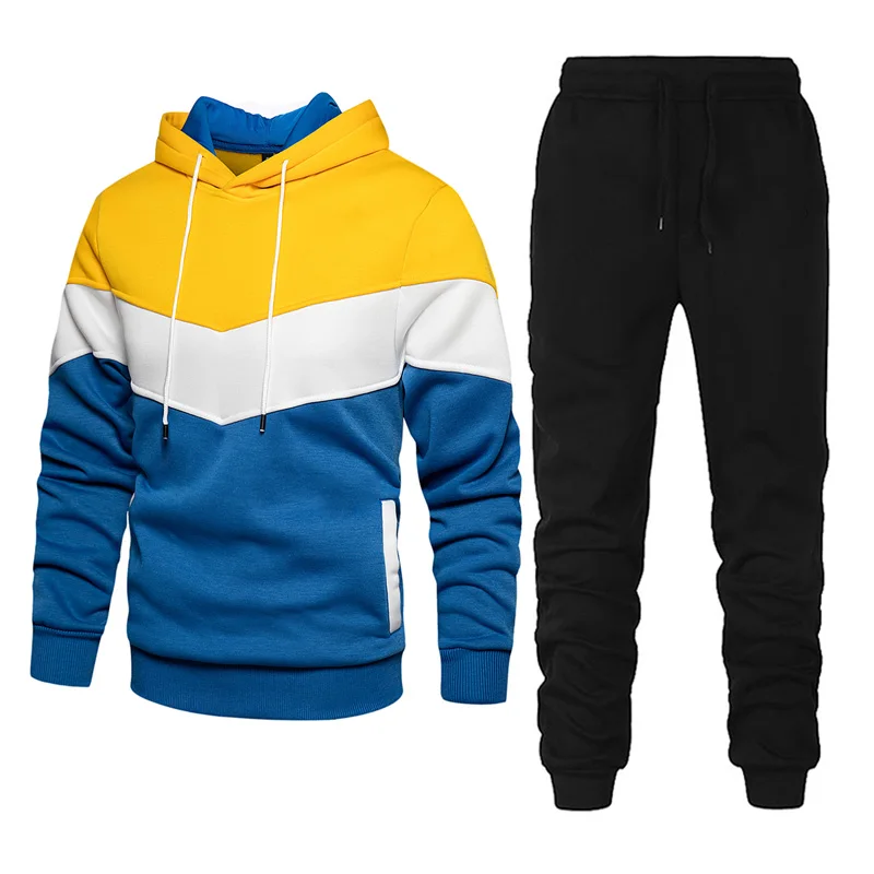 Men's Tracksuits Patchwork Hoodie Sweater and Pants 2 Pieces Set Casual Loose Fleece Warm Streetwear Men's Fashion Sport Suits