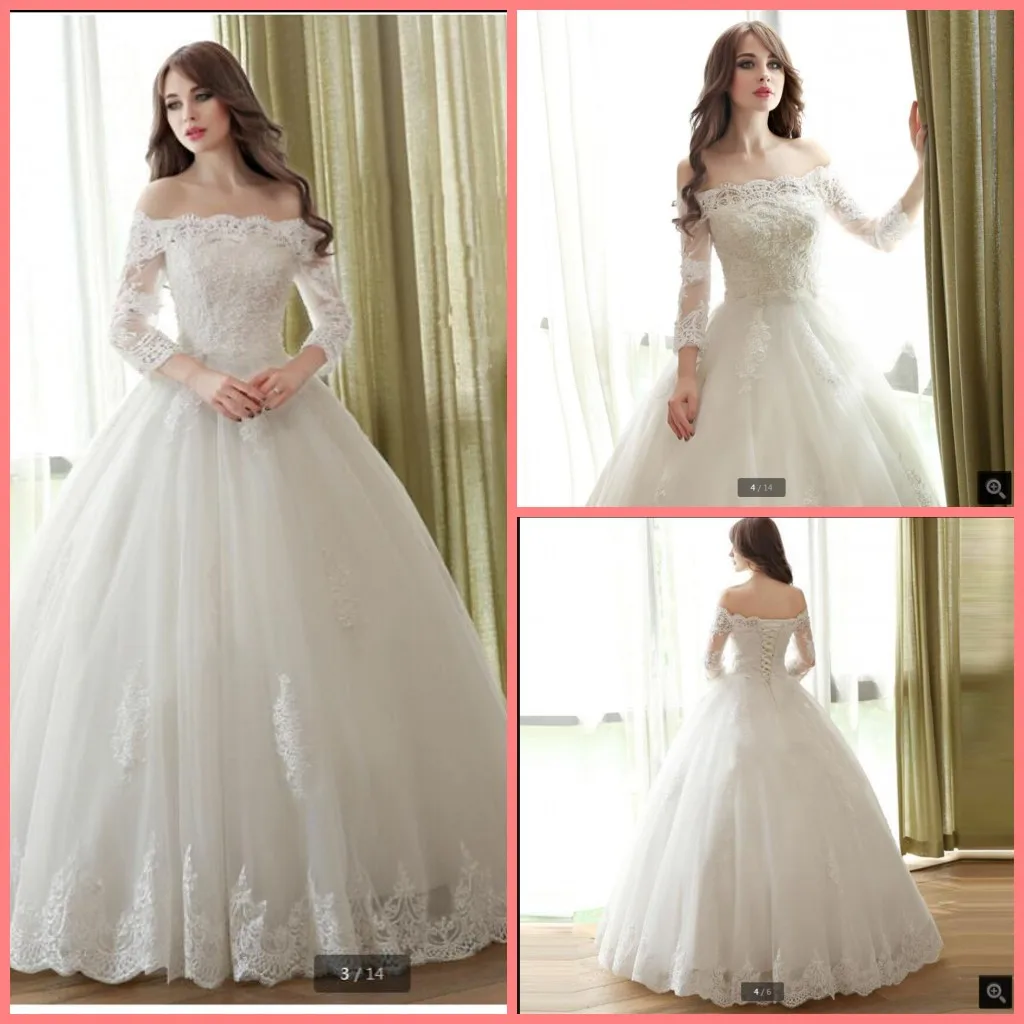 

Robe de Mariage white tulle ball gown wedding dresses 3/4 sleeve off the shoulder vintage bride dress beaded pearls bridal gowns