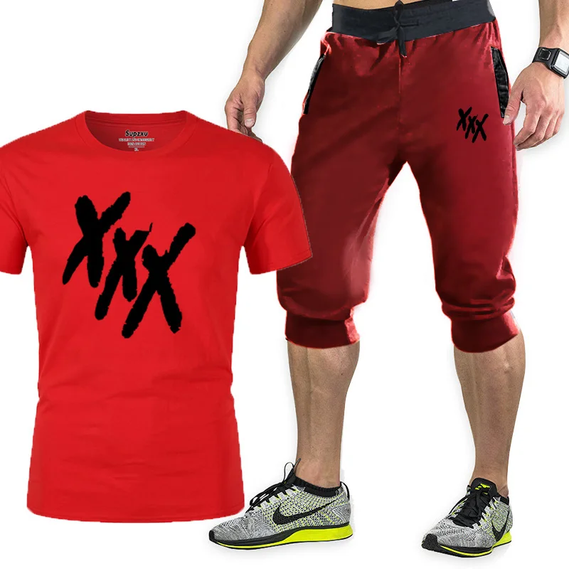 

Men's summer T-shirt suit 2 pieces of sportswear basketball suit fitness short sleeve + shorts suit, garden collar cotton short
