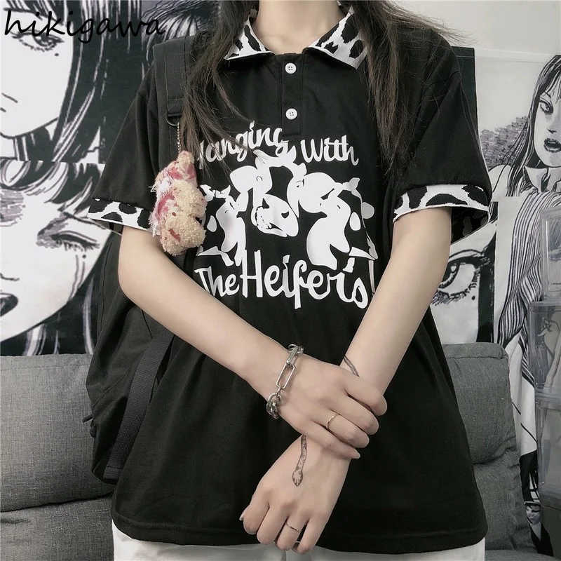 

Hikigawa Japan Kawaii Clothes Tops for Women Loose Cartoon Print Sweet Tshirt Female Harajuku 2021 Fashion T Shirt Cute T-shirts
