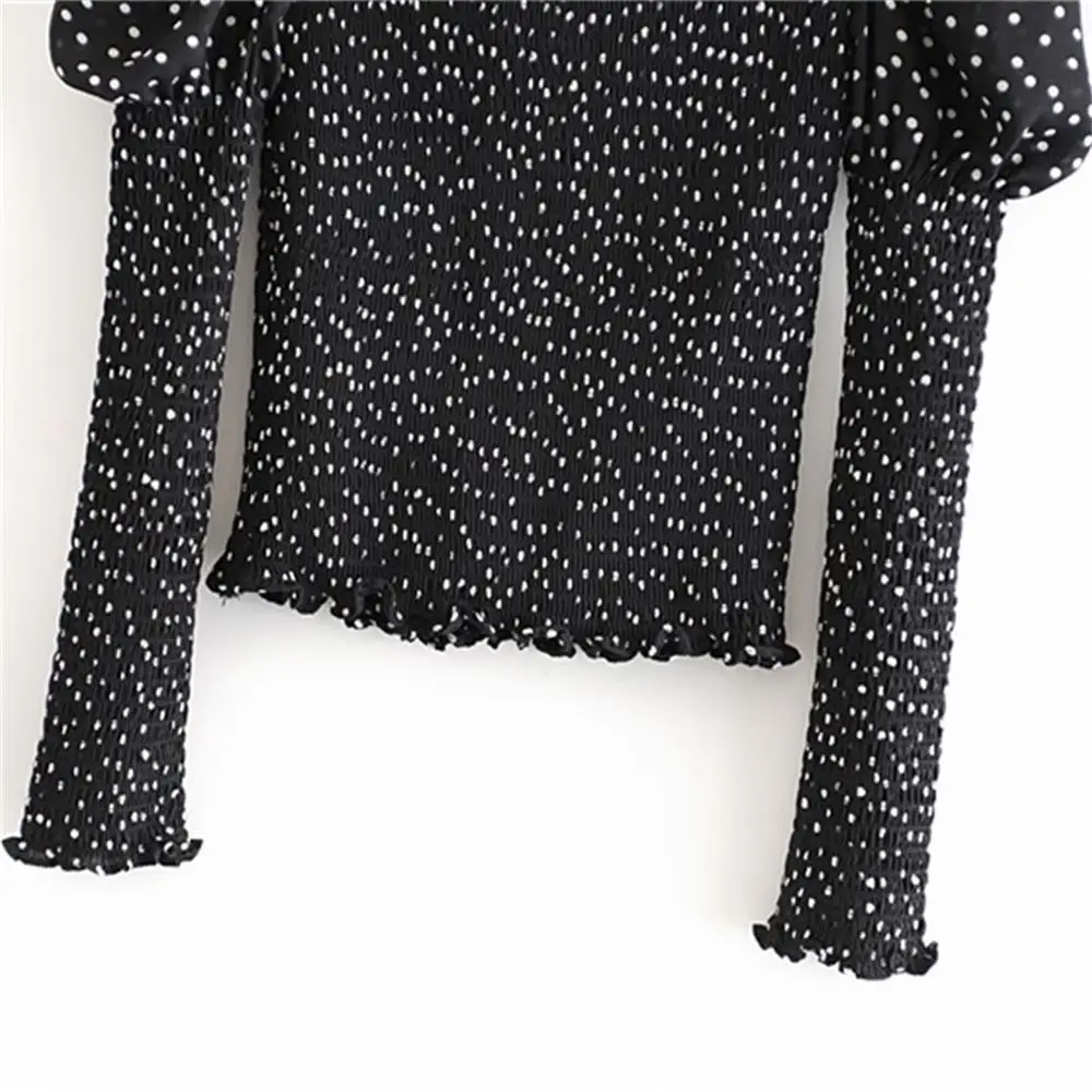 

2020 Spring Women's New French Niche Retro Polka Dot Square Collar Fungus Fold Elastic Slim Long Sleeve Short Shirt