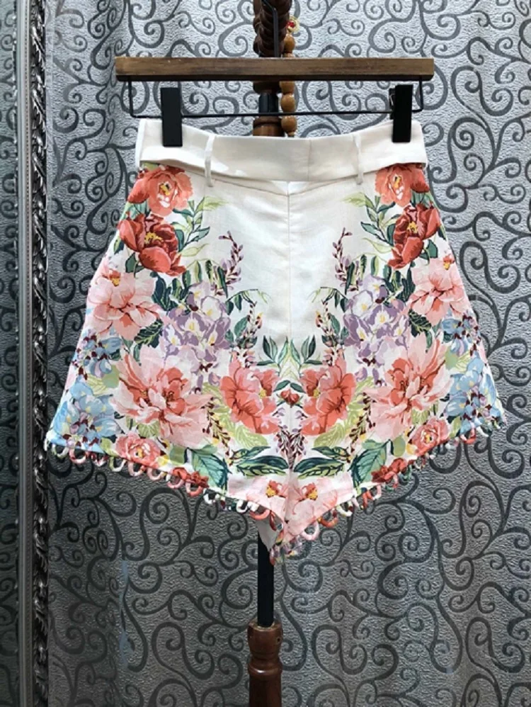 

100%Linen Shorts 2020 Summer Beach Short Women Beautiful Flower Print Ring Deco Casual White Blue Shorts Ladies Sexy Short Pants